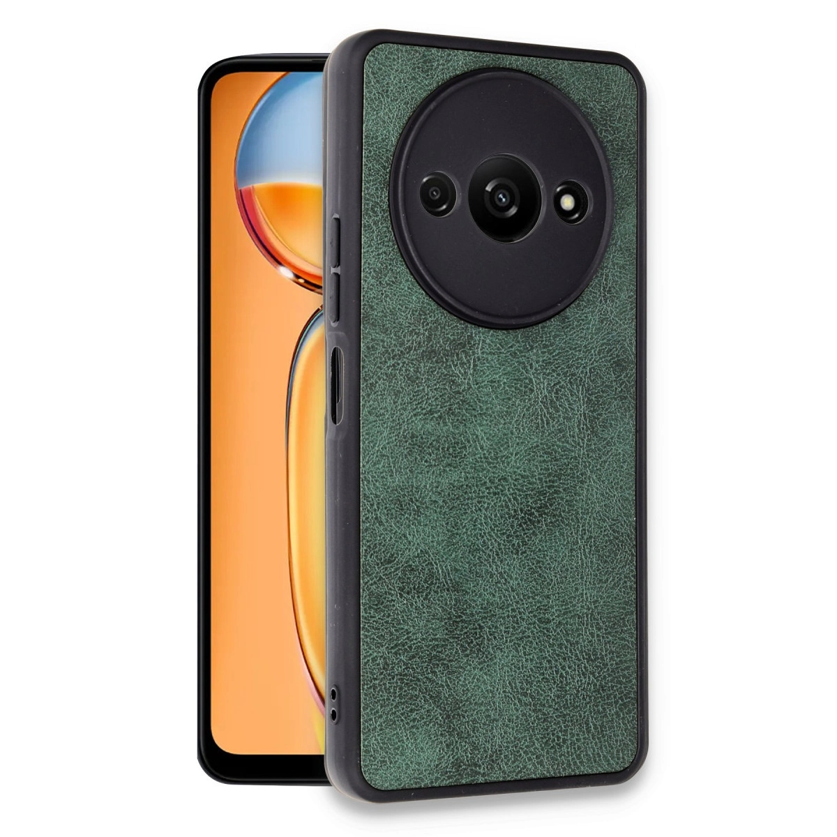Akıllı telefonun yanında kamera kesimli yeşil telefon kılıfı.