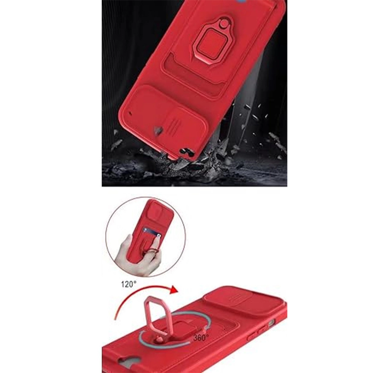 Entegre halka tutuculu ve kayar kapaklı kırmızı telefon kılıfı.