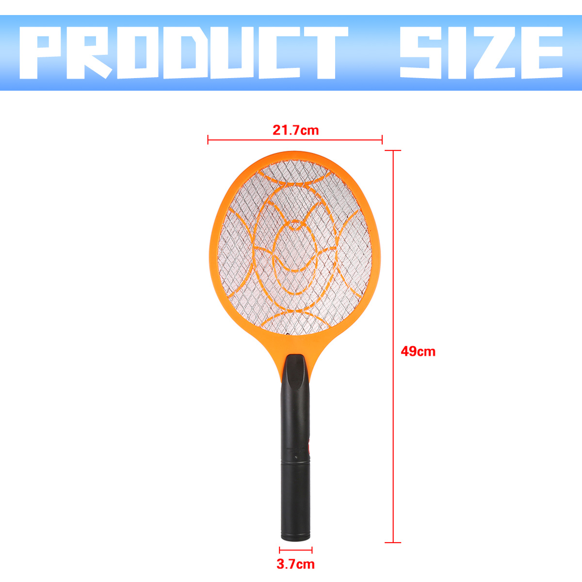 Orange und schwarze Fliegenklatsche mit Maßen von 21,7 cm Breite und 49 cm Höhe.