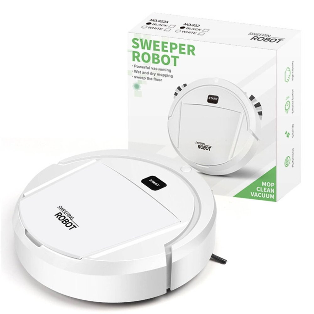 Ein weißer Saugroboter mit einer Starttaste und eine Produktverpackung.