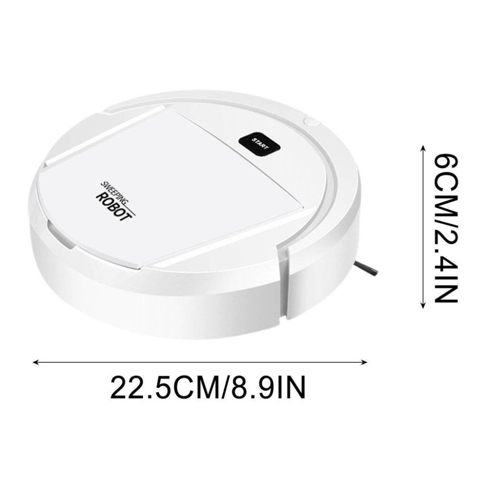 Ein weißer Saugroboter mit "START"-Taste und Maßen (22,5 cm / 6 cm).