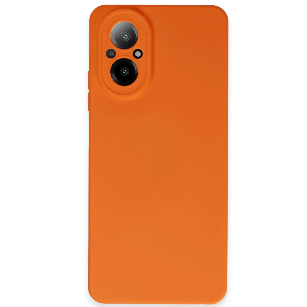 Arkada iki kamerası olan turuncu telefon kılıfı.