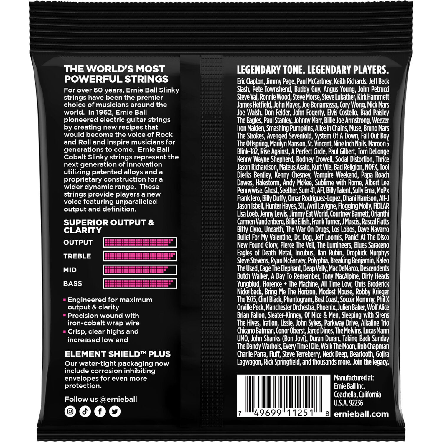 Ernie Ball Slinky gitaarsnaar verpakking met tekst over prestaties, spelers en productdetails.