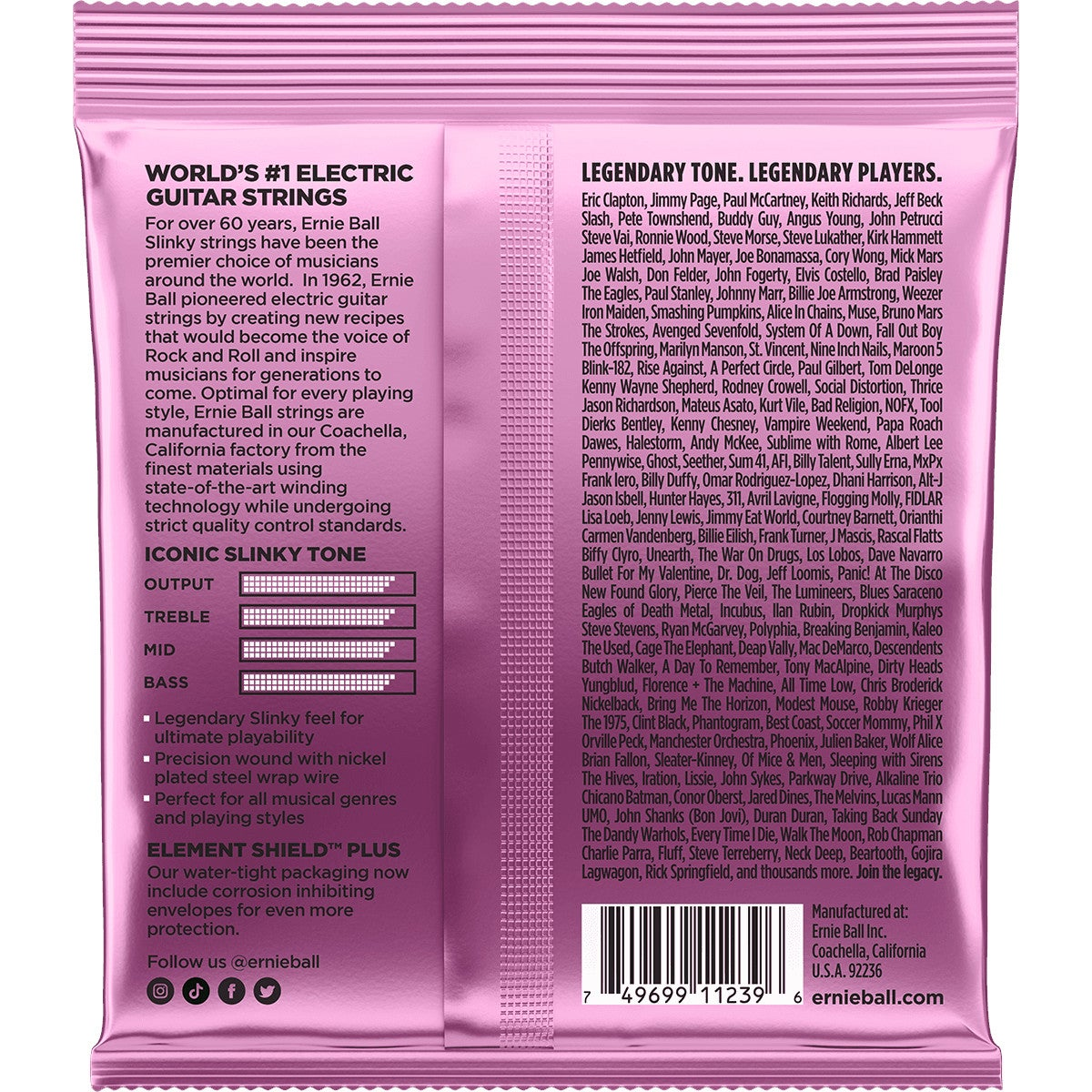 Ernie Ball gitaarsnarren verpakking met tekst en artiestenlijst.
