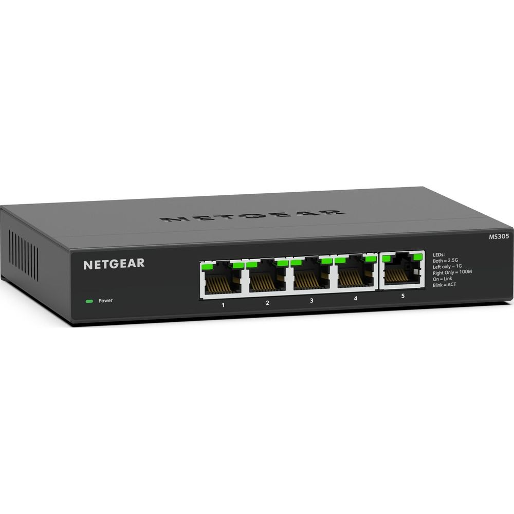 Mały szary przełącznik sieciowy Netgear MS305 z 5 portami.