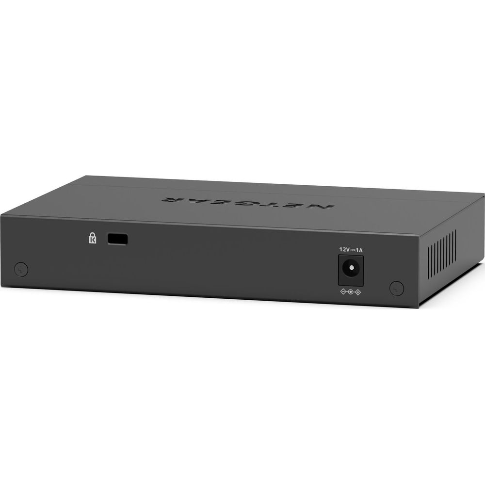 Czarne urządzenie NETGEAR z wejściem zasilania i przyciskiem reset.