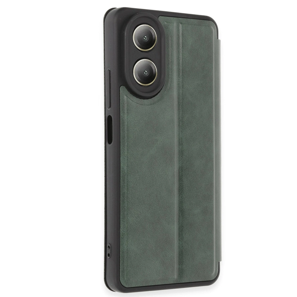 İki kamera lensli ve dikey dikişli koyu yeşil telefon kılıfı.
