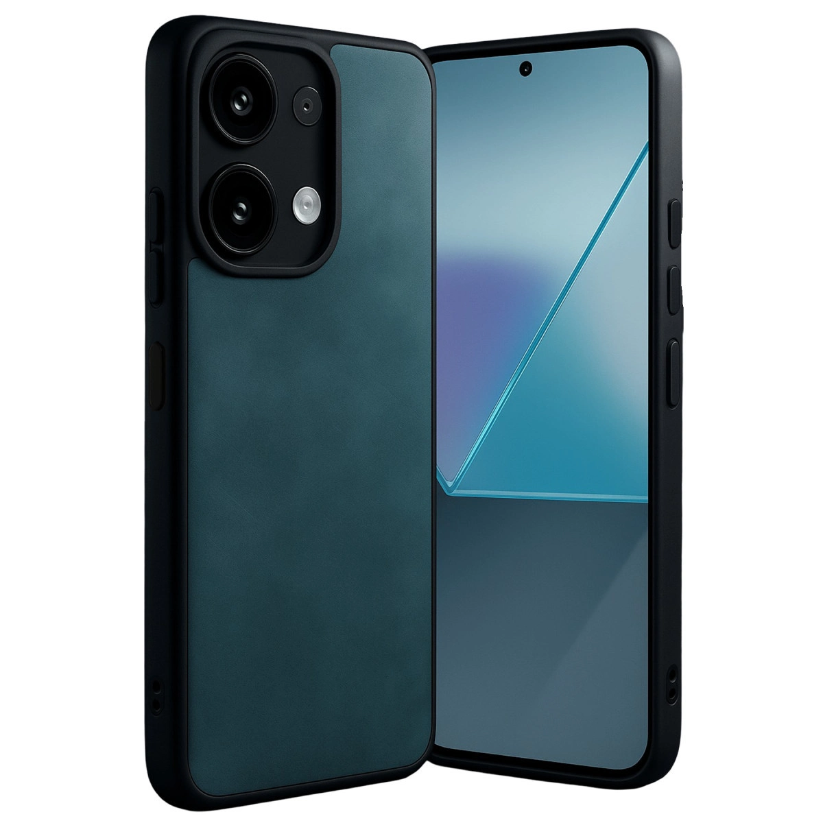 Siyah kenarlı, çift lensli kamera modülüne sahip koyu yeşil telefon.