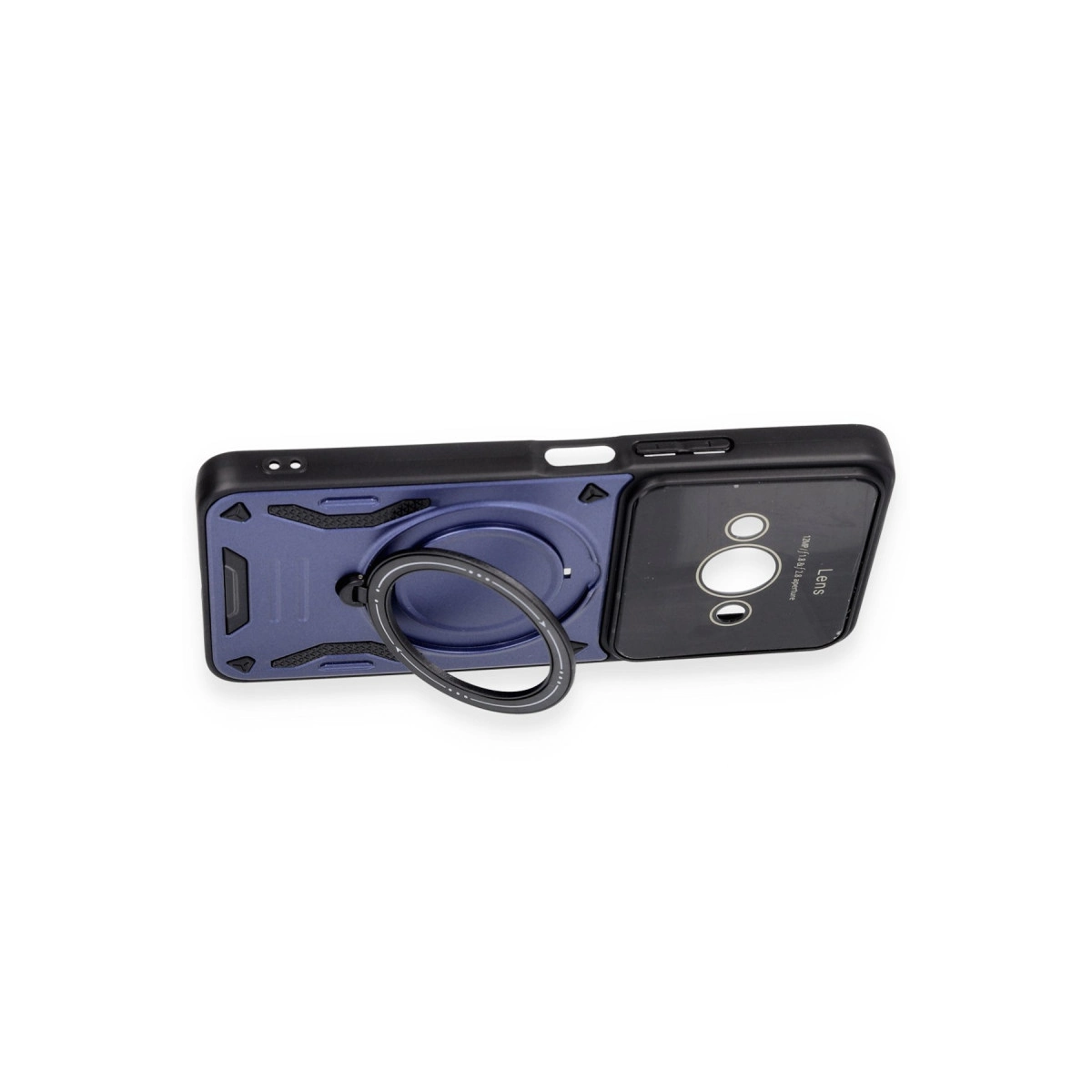 Mavi halkalı ve lens kapaklı siyah telefon kılıfı.