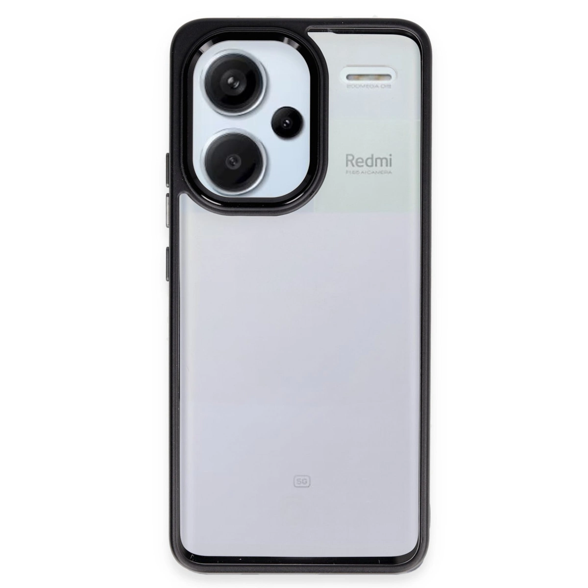 Siyah çerçeveli şeffaf telefon kılıfı, üçlü kamera sistemini ve Redmi markasını gösteriyor.