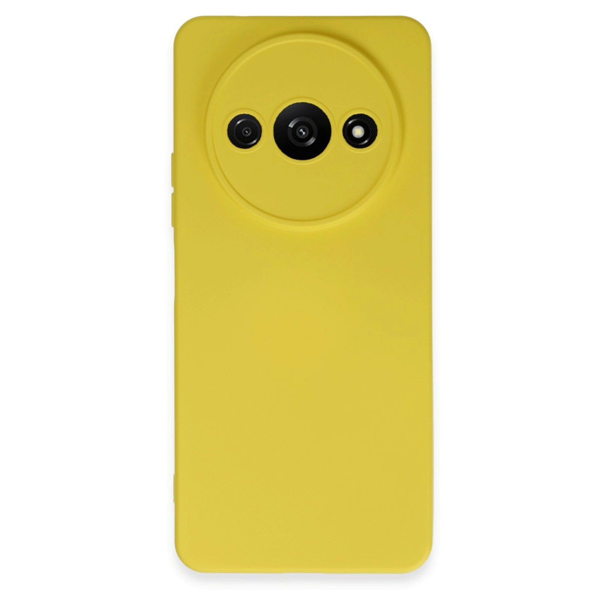 Yuvarlak kamera lens yuvalı sarı telefon kılıfı.