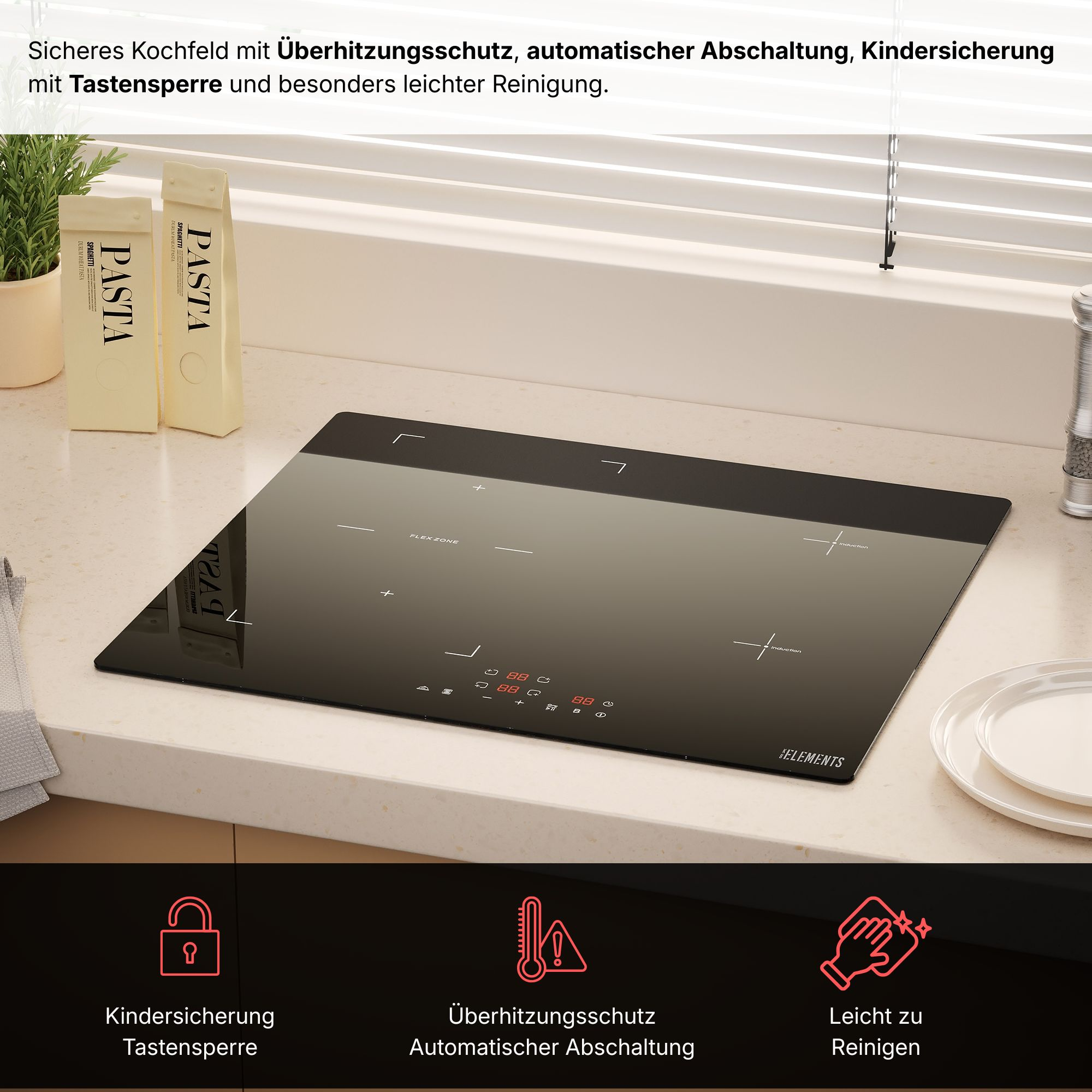 Ein modernes schwarzes Induktionskochfeld mit Touch-Bedienfeld und Pasta-Packungen.
