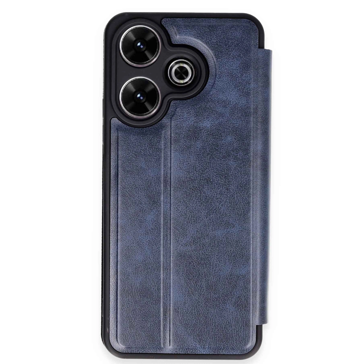 Üç kamera lensli ve dokulu yüzeyli lacivert telefon kılıfı.
