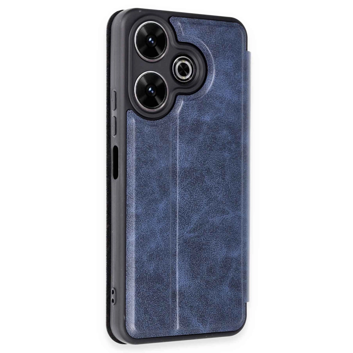 Üç kamera lensli ve kabartmalı dokulu lacivert telefon kılıfı.