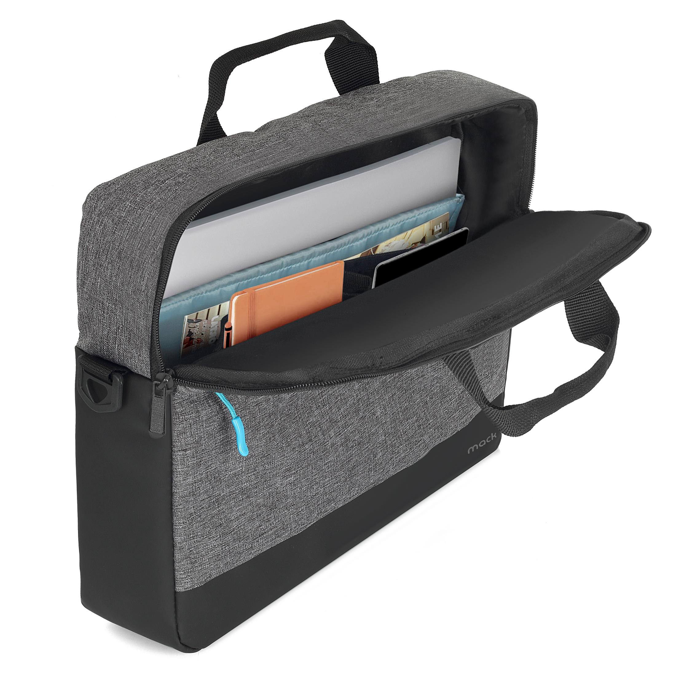 Açık bölmeli gri laptop çantası, dizüstü bilgisayarlar, defter ve tablet