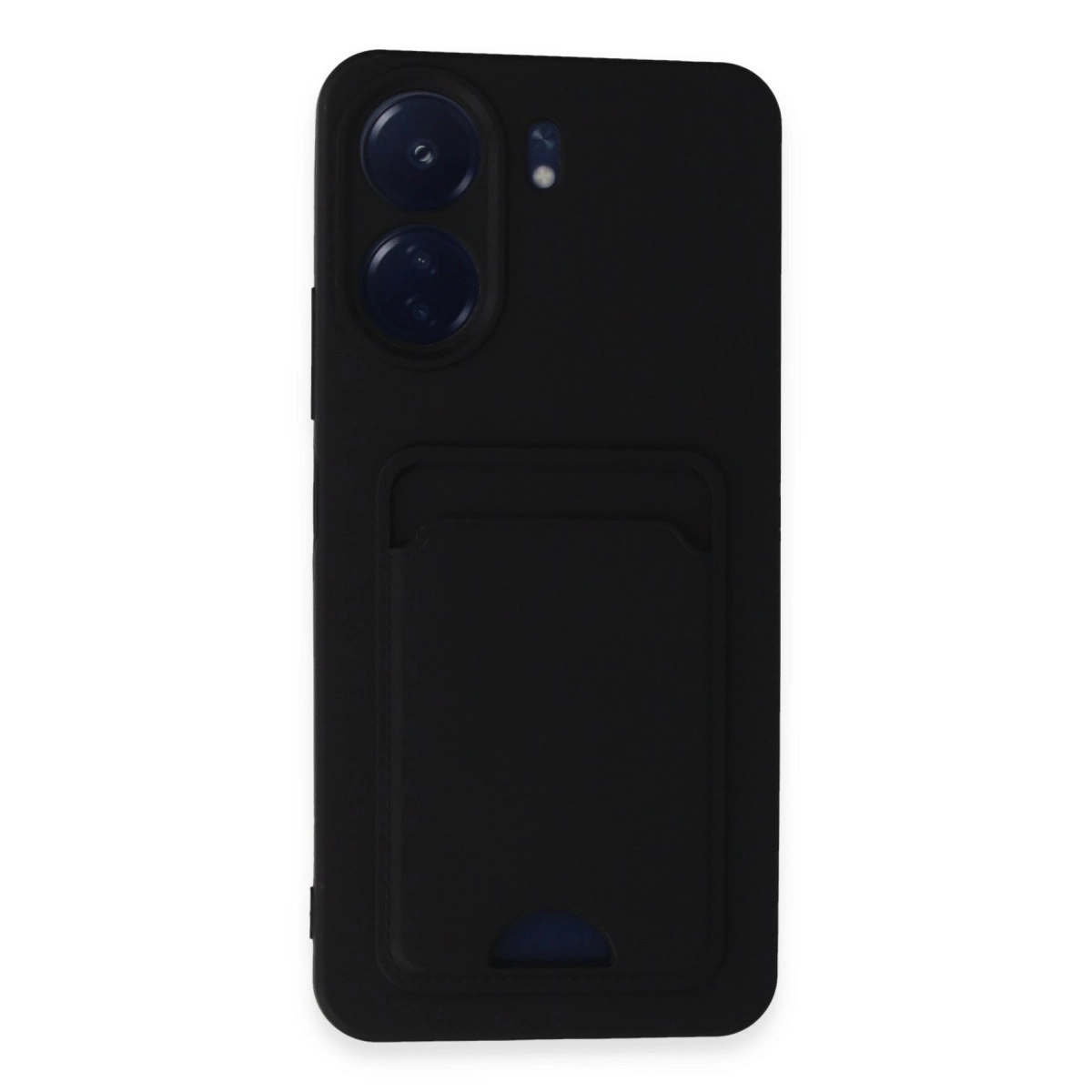 Arkada çift kameralı ve kart tutuculu siyah telefon kılıfı.