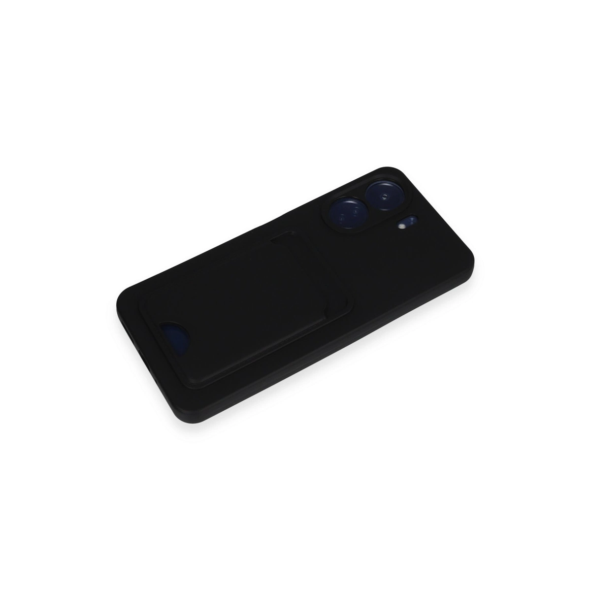 Kart yuvalı ve çift kamera lensli siyah telefon kılıfı.