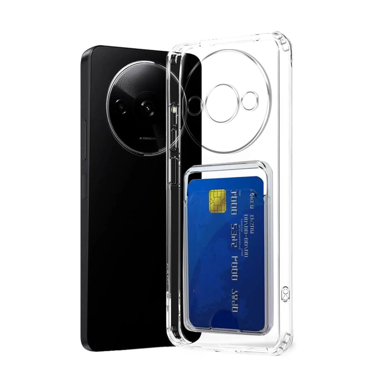 Mavi kredi kartı içeren şeffaf kılıflı siyah bir akıllı telefon.
