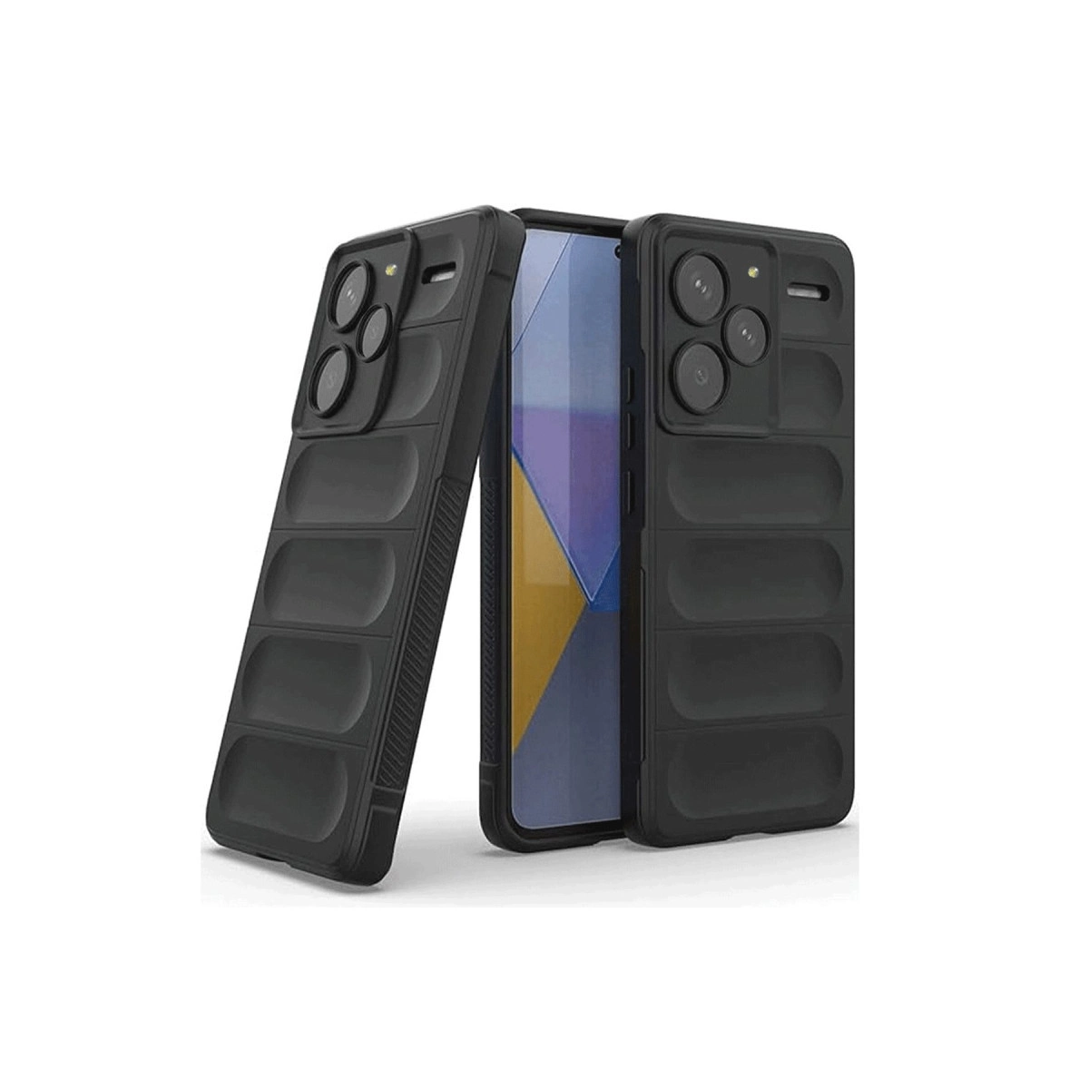 Dokulu oluklara ve kamera modüllerine sahip iki siyah telefon kılıfı.