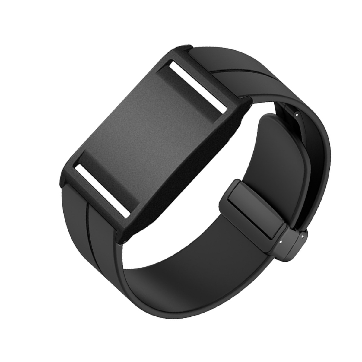 Schwarzes Armband mit Schnalle, auf weißem Hintergrund.