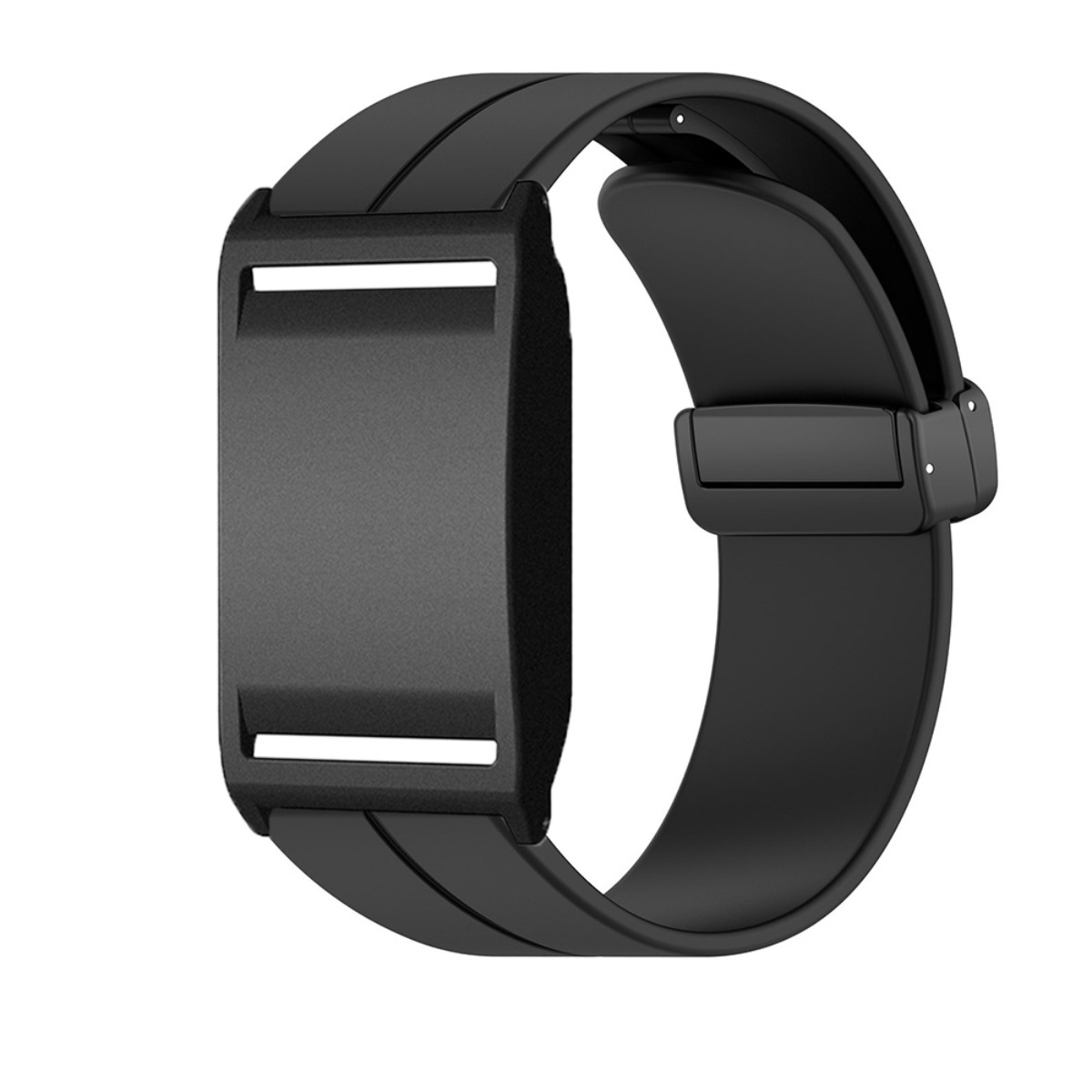 Schwarzes Armband mit rechteckigem Gehäuse und silbernen Akzenten.