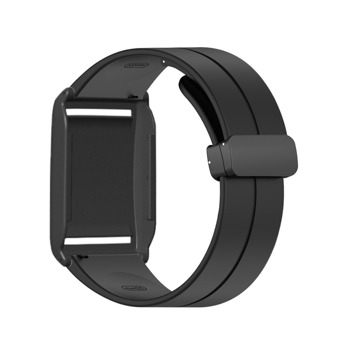 Schwarzes Smartwatch-Armband mit Metallschnalle, auf weißem Hintergrund.