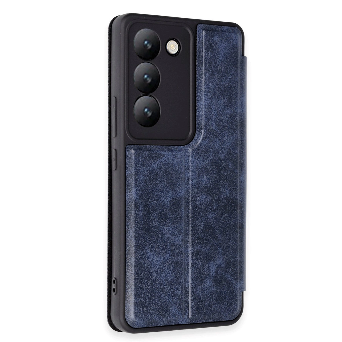 Üç kameralı koyu mavi telefon, kapaklı kılıfında.