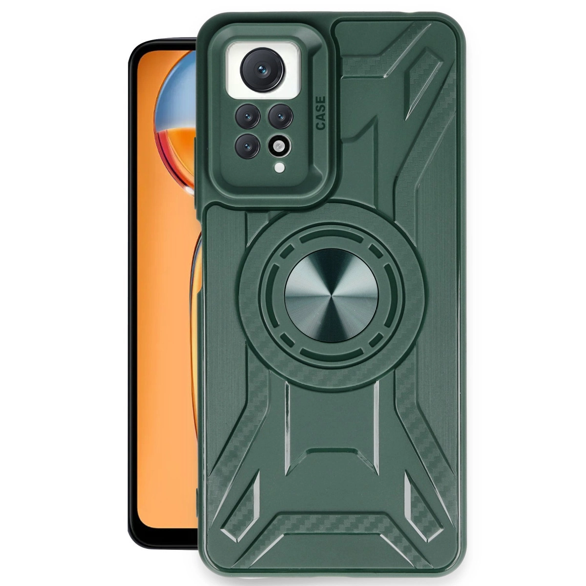 Halka tutuculu ve kamera kesimli koyu yeşil telefon kılıfı.