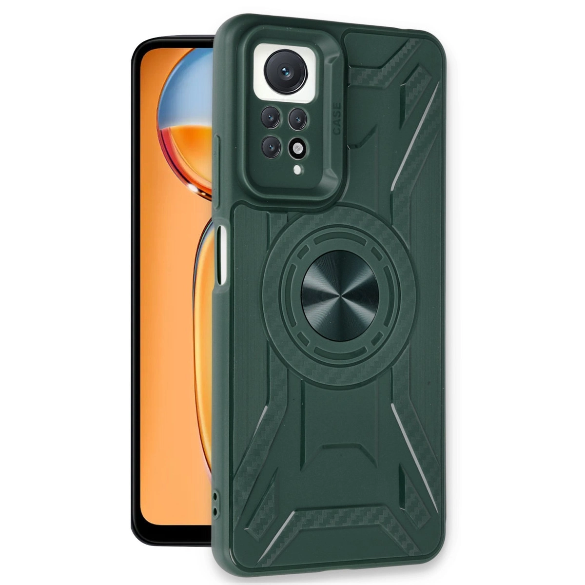 Kamera modülü ve halka tutuculu koyu yeşil telefon kılıfı.