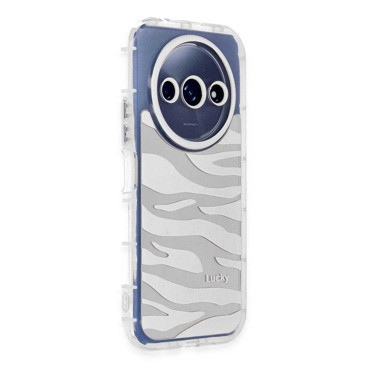 Üç kamera lensli, zebra desenli mavi telefon kılıfı.