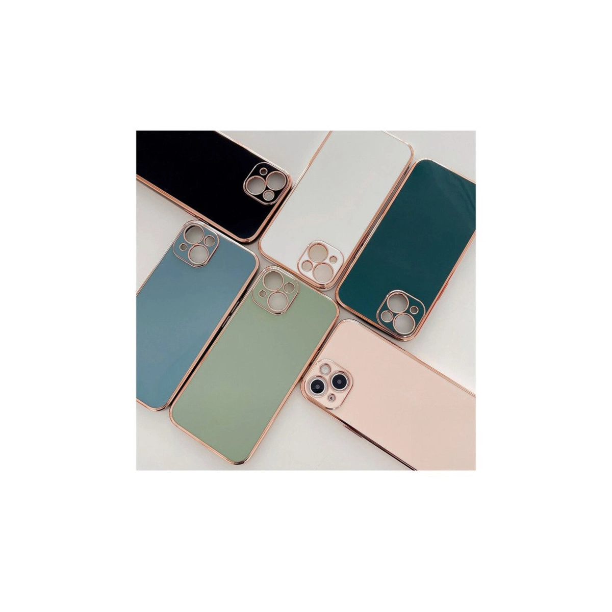 Beyaz zeminde, rose gold çerçeveli, çeşitli renklerde altı telefon kılıfı.