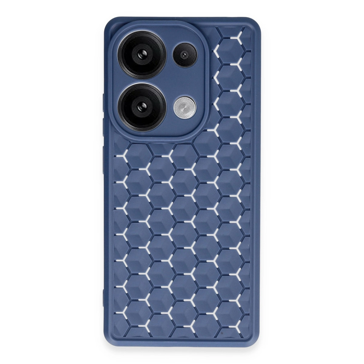 Bal peteği desenli ve kamera lensli lacivert telefon kılıfı.