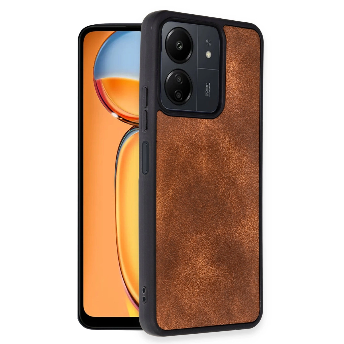 Telefon üzerinde kamera kesimli kahverengi telefon kılıfı.