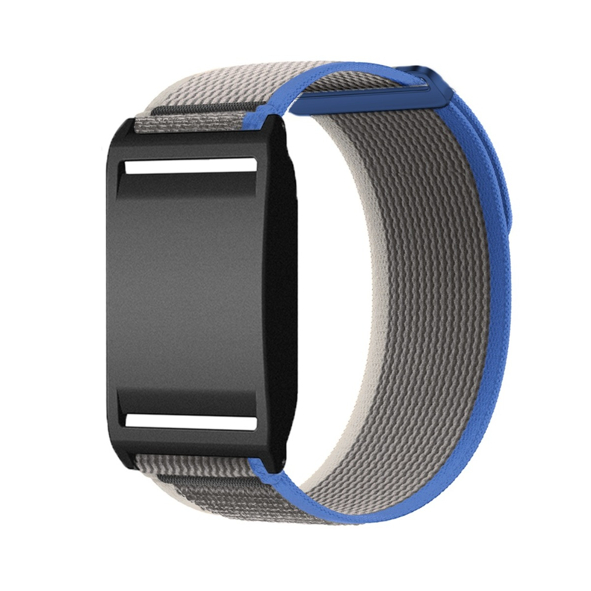 Graues und blaues Armband mit schwarzem rechteckigem Gehäuse.