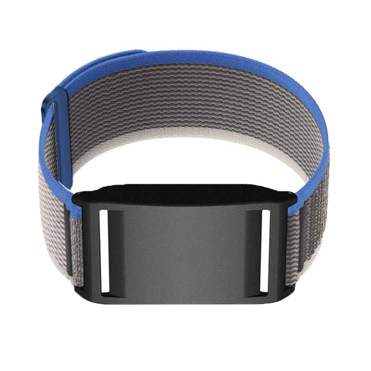 Graues Armband mit blauen Rändern und schwarzem Gehäuse.