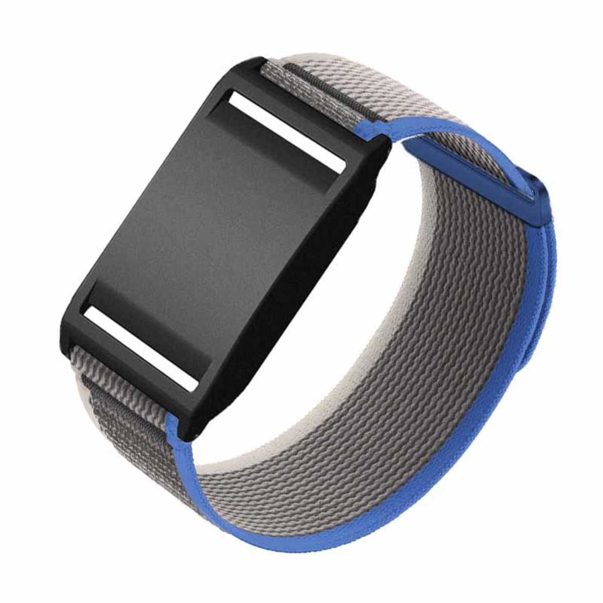 Ein schwarzes Fitnessarmband mit grauem, gewebtem Band und blauer Kante.