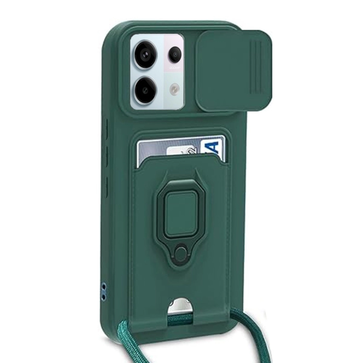 Kamera kapaklı, kart yuvalı, halka tutuculu koyu yeşil telefon kılıfı.