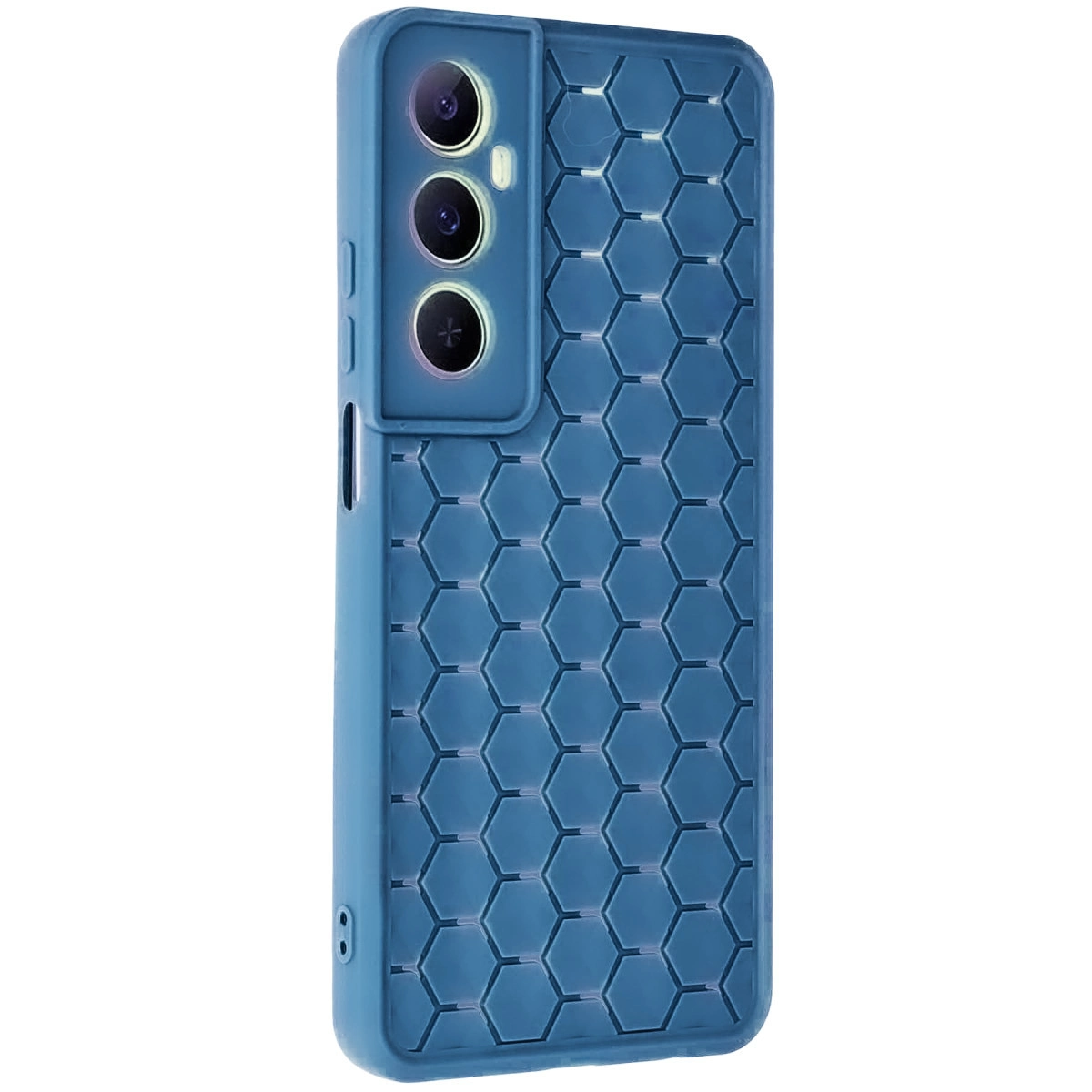 Bal peteği desenli, üç kameralı mavi telefon kılıfı.