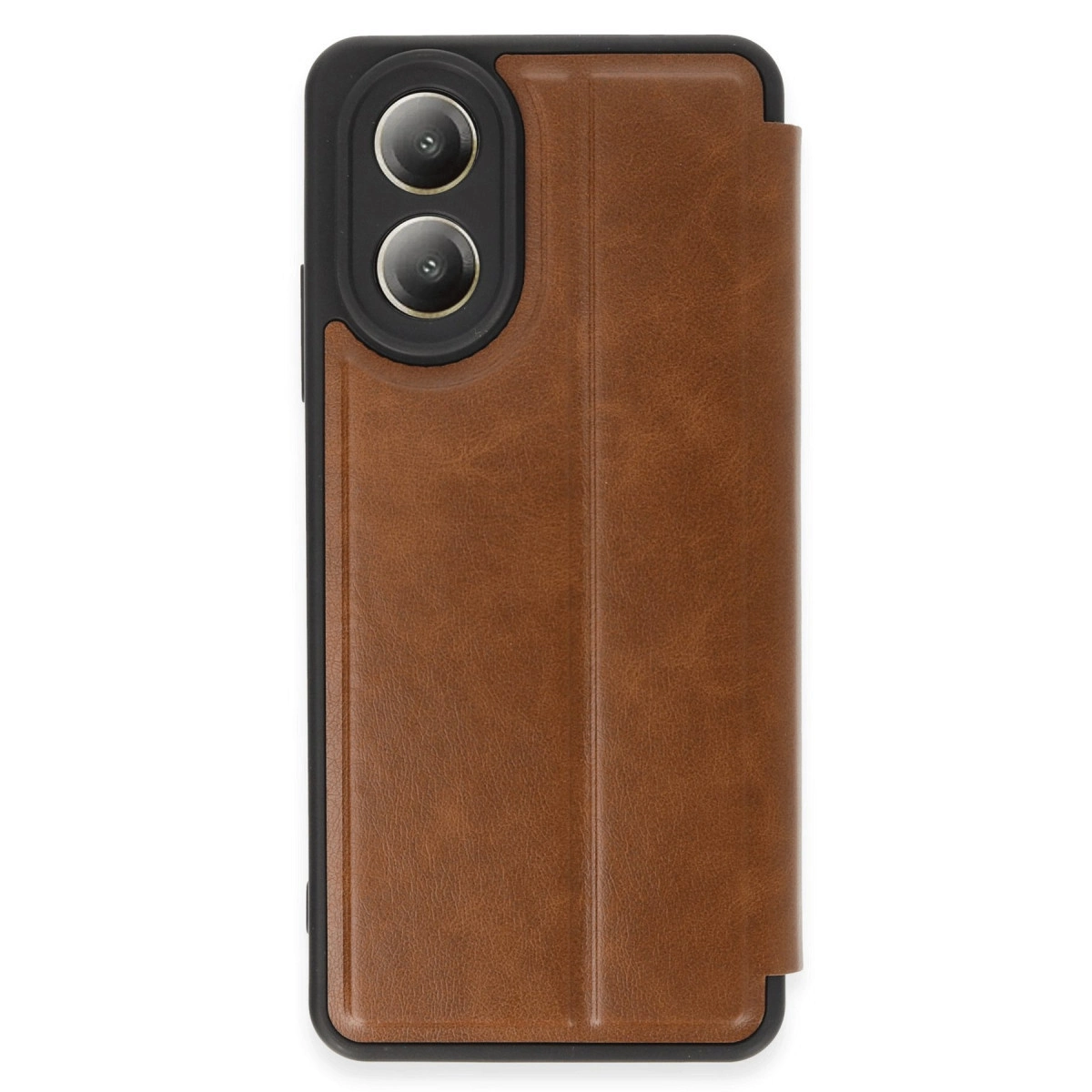 Arkada iki kamera lensi bulunan kahverengi deri telefon kılıfı.