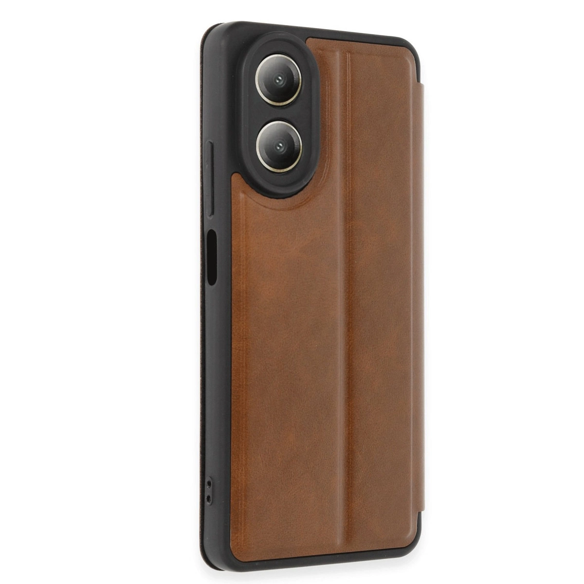 Arkada iki kamera lensli kahverengi deri telefon kılıfı.
