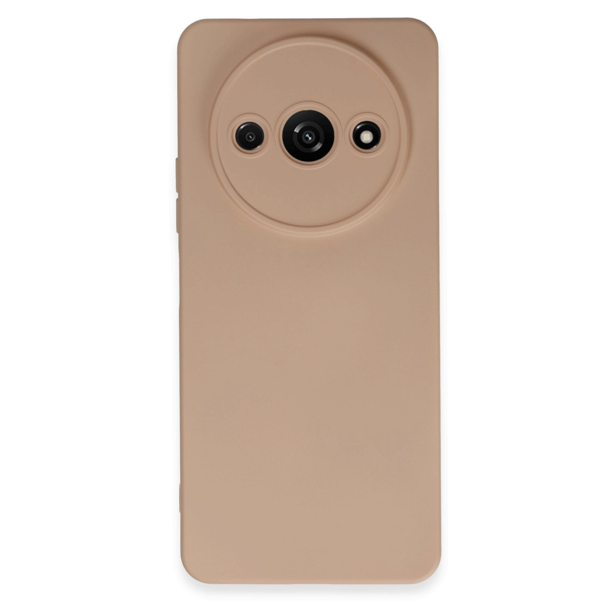 Üç lensli yuvarlak kamera kesimli bej telefon kılıfı.