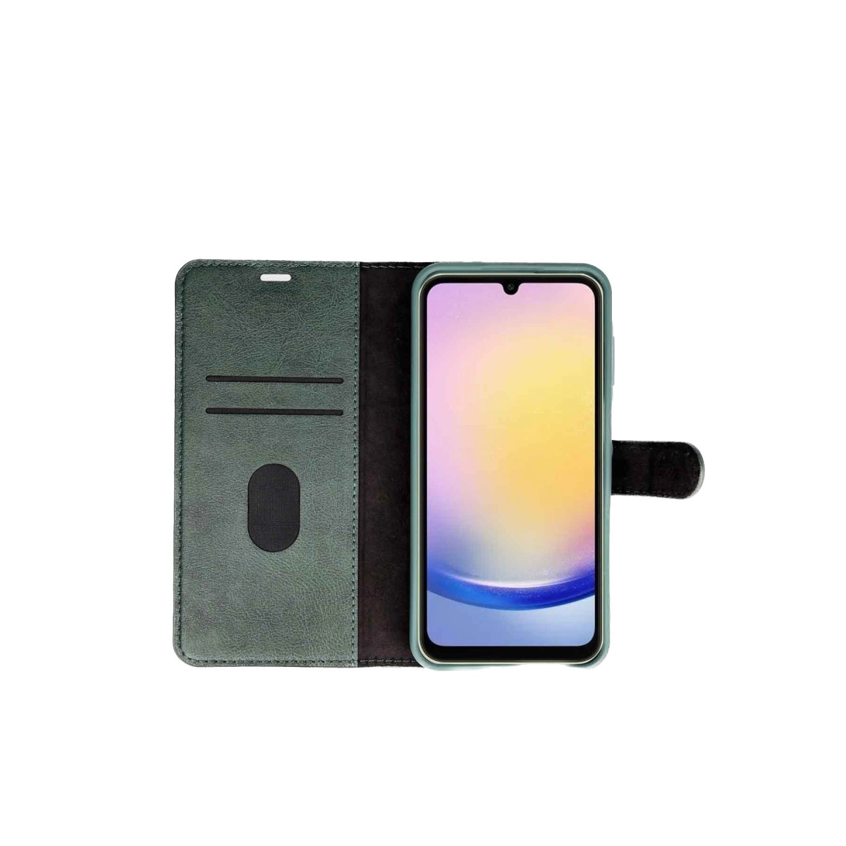 Kart yuvalı yeşil telefon kılıfı ve renkli ekranlı bir akıllı telefon.