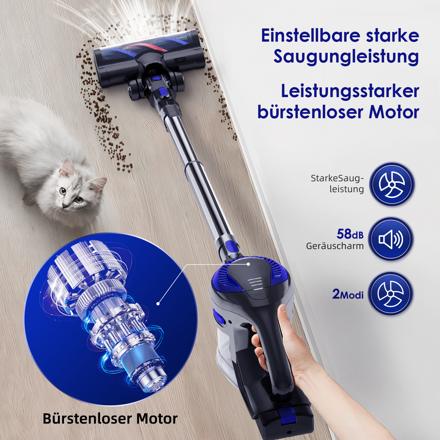 Staubsauger reinigt Boden, Katze schaut zu. Motor gezeigt.