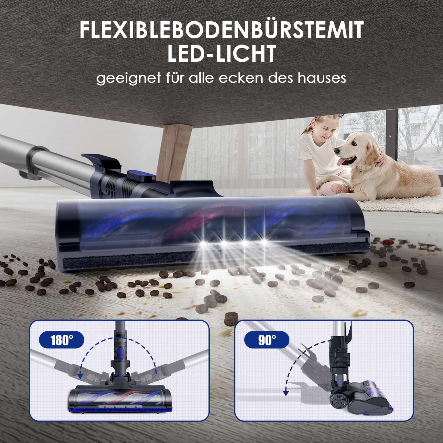 Bodenbürste mit LED-Licht reinigt Ecken. Zeigt 180° und 90° Flexibilität.