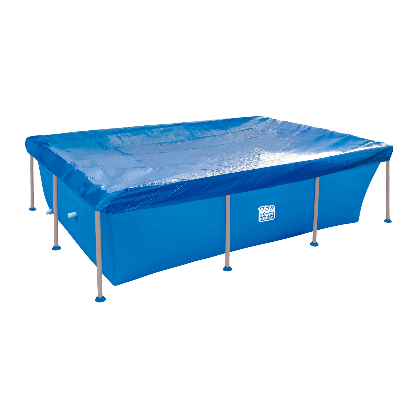 Ein blaues rechteckiges Planschbecken mit Metallrahmen und blauer Abdeckung.