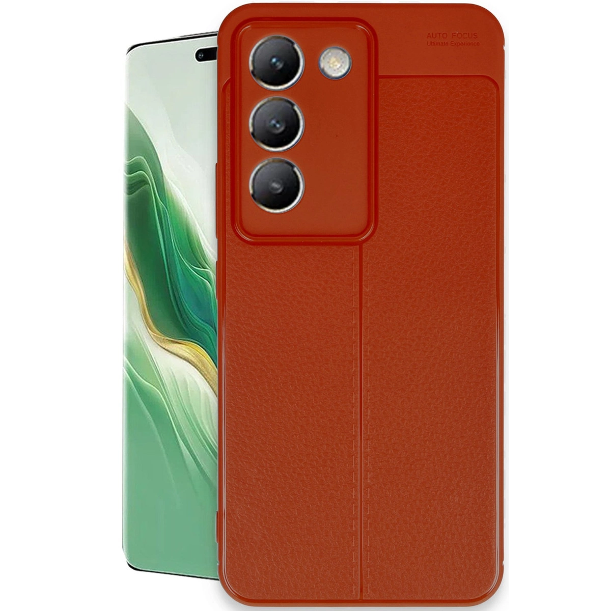 Arkada üç kamera ve flaşlı, terra kota rengi telefon kılıfı.