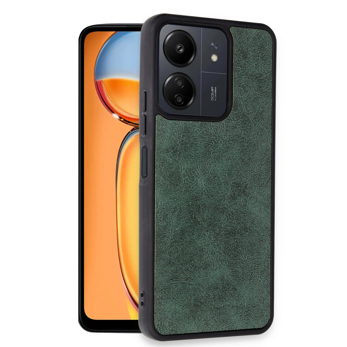 Deri dokulu kılıflı, çift kameralı koyu yeşil telefon.