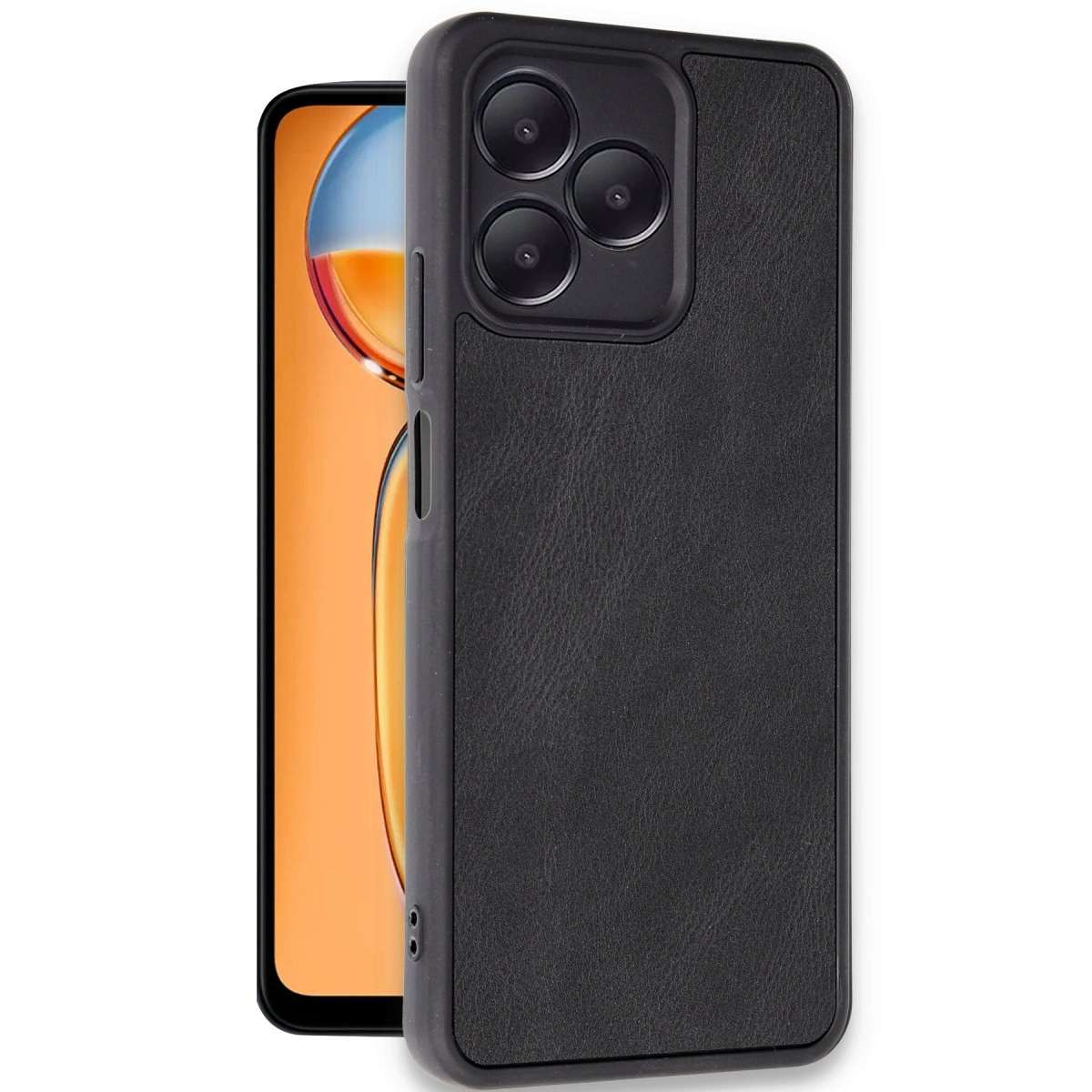 Üç arka kamera lensli siyah telefon kılıfı, bir akıllı telefonun yanında.