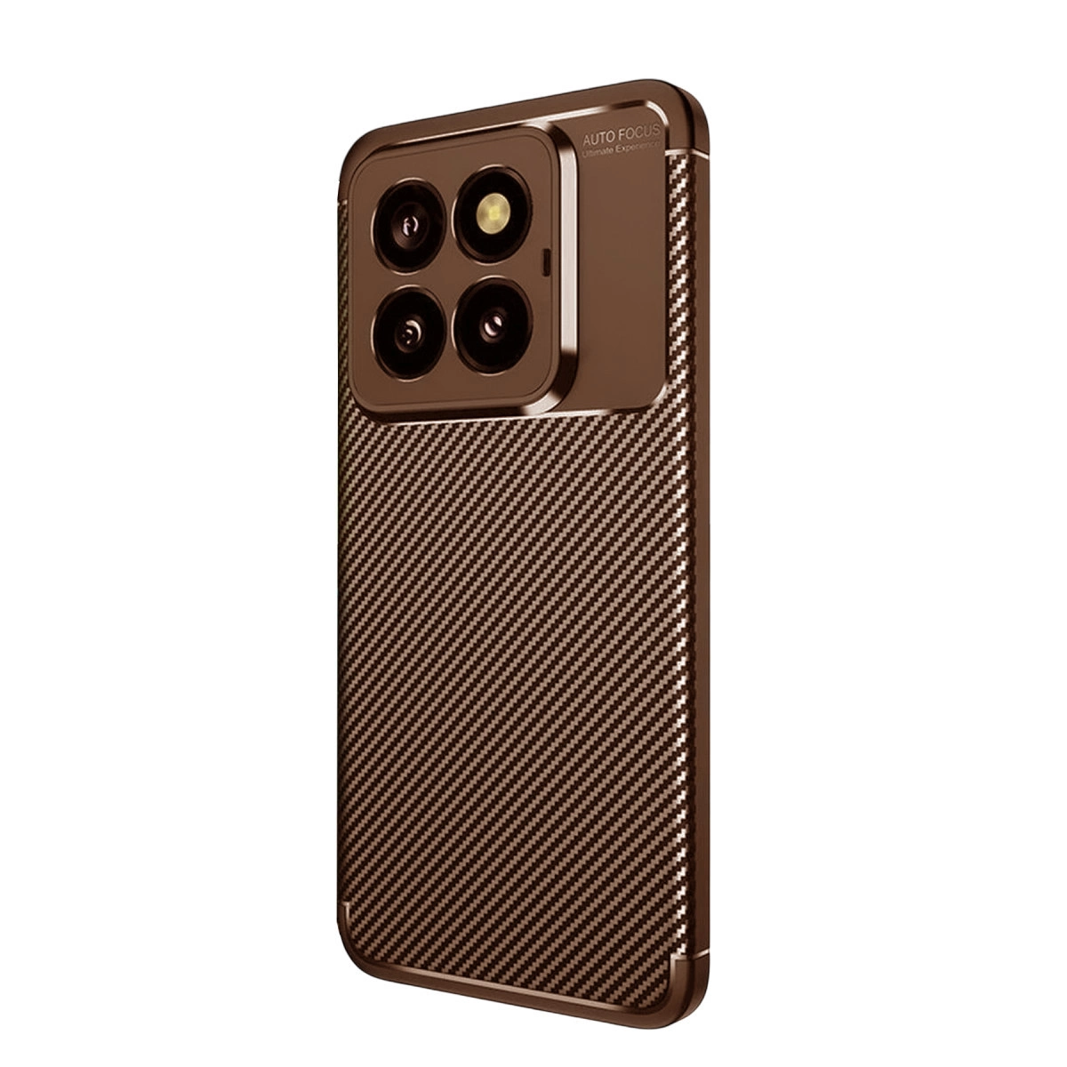Karbon fiber desenli ve dörtlü kameralı kahverengi telefon kılıfı.