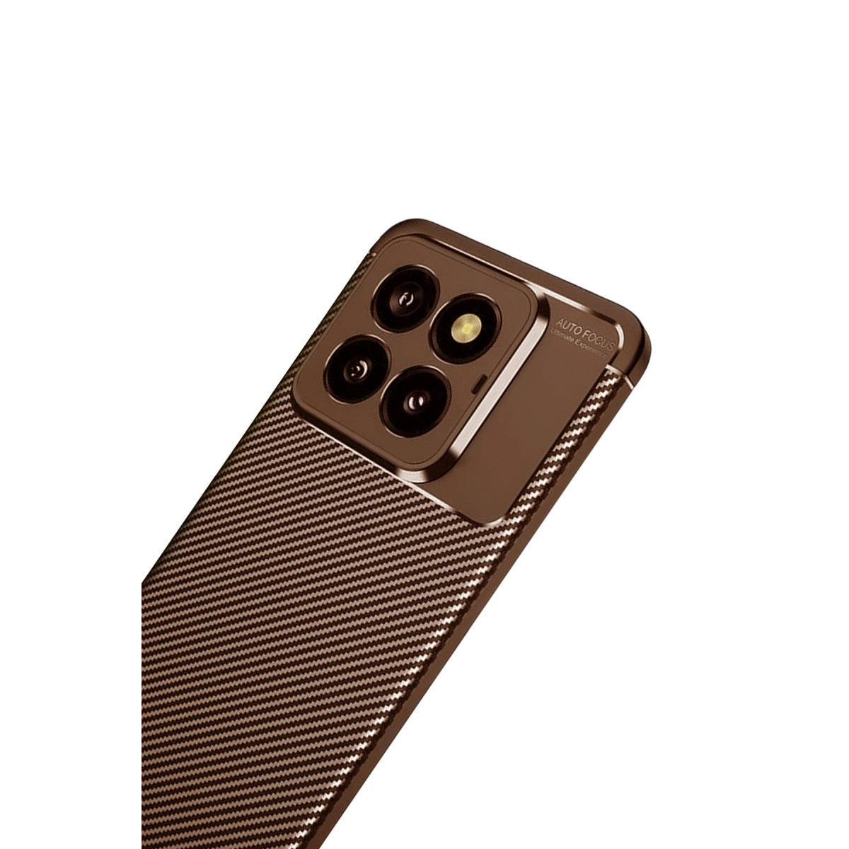 Karbon fiber dokulu, dört kameralı kahverengi telefon kılıfı.